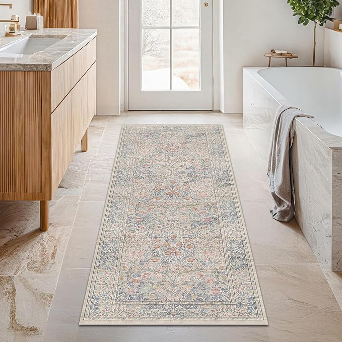 Hazo Haus Washable Bathroom Runner Rug 2x5, Non Slip Runner for Laundry Room, Bathroom Sink Mat - Vintage Pastel Beige Blue Throw Rug, Ultra Soft Low Pile Stain Resistant