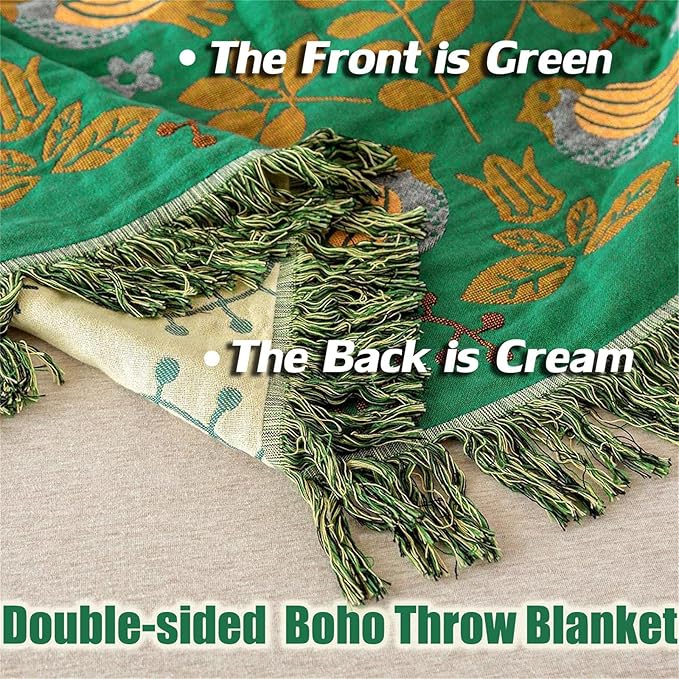 MSGKV Boho Throw Blanket 100% Cotton Green Blanket 90''x 98'' Spring Reversible Blankets with Tassels Warm Soft Blanket for Bed Sofa Living Room