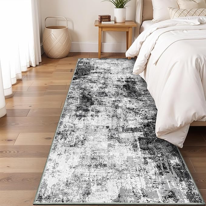 2x8 Washable Runner Rugs for Hallway: Easy-to-Clean Abstract Runners for Entryway Bedroom - Stain and Water Resistant Rugs with Non-Slip Backing - Soft Low-Pile Carpet Black Grey