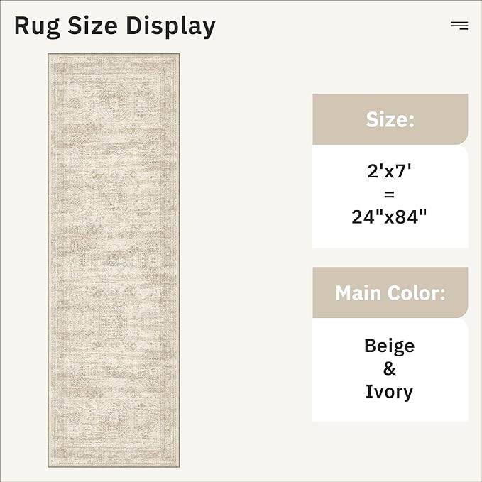 Runner Rug 2x7 Washable Non-Slip Hallway Runner Rugs for Kitchen Bathroom Laundry Room Beige Vintage Floor Carpet Runners for Hallways Entryway