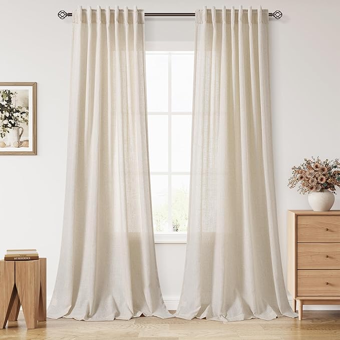 Cream Beige Linen 112 Inch Curtains for Living Room Light Filtering Semi Sheer Curtain Back Tab Modern Farmhouse Decor Elegant Coastal Drapes Floor to Ceiling High Window for Bedroom 52x112, 2 Panels