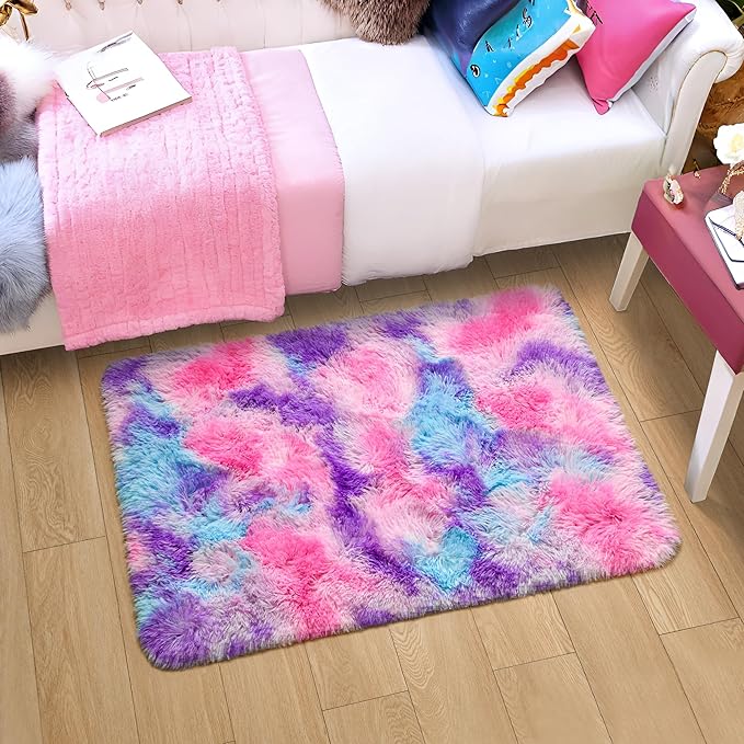 Tepook Soft Rainbow Rug for Girls Room, Cute Fluffy Girls Bedroom Rugs, 2x3 Feet Shaggy Princess Rug Colorful Carpet for Kids Teens Toddler Playroom Nursery Reading Nook, Hot Pink