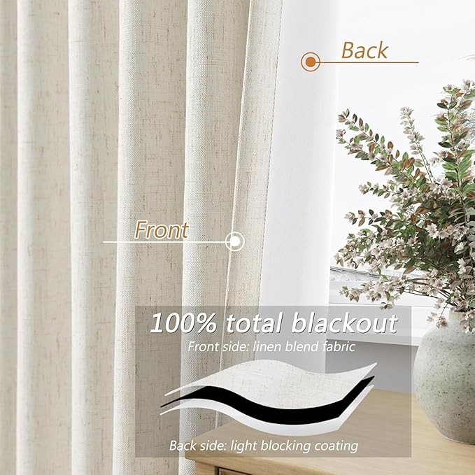 Guken 100% Blackout Cream Linen Curtains 40 Inch Wide by 36 Inch 2 Panels Set for Living Room Bedroom Back Tab Thermal Insulated Black Out Linen Drapes Room Darkening Window Curtains