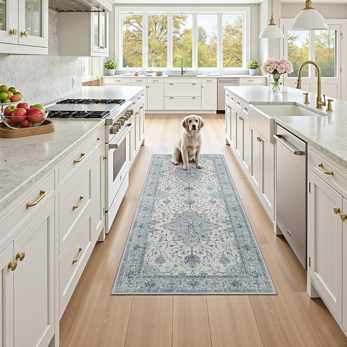 Area Rugs 2'6''x5' Runner Rug Non Slip Washable for Kitchen Hallway Bedroom Beside Laundry Room Bathroom Rug, Floor Carpet, Light Blue Navy Beige Gray White