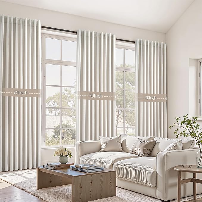 100% Blackout Curtains 70 Inch Wide 90 Inch Long for Living Room Sliding Glass Door Back Tab Pleated Farmhouse Natural Birch Boho Bedroom Heavy Insulated Large Window Drapes (70" Wx90"Lx2Panels)