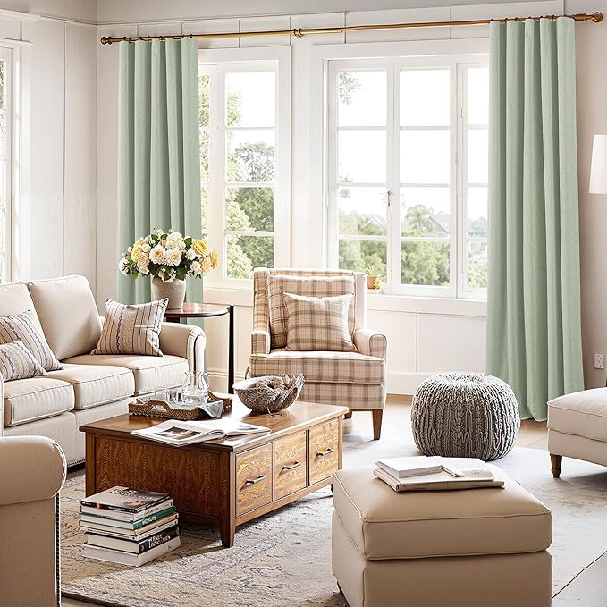 RYB HOME 100% Blackout Sage Green Linen Curtains, Extra Long Light & Heat Blocking Thermal Privacy Protection Neutral Window Drapes for Living Room Bedroom, 52" W x 108" L, 2 Panels Set
