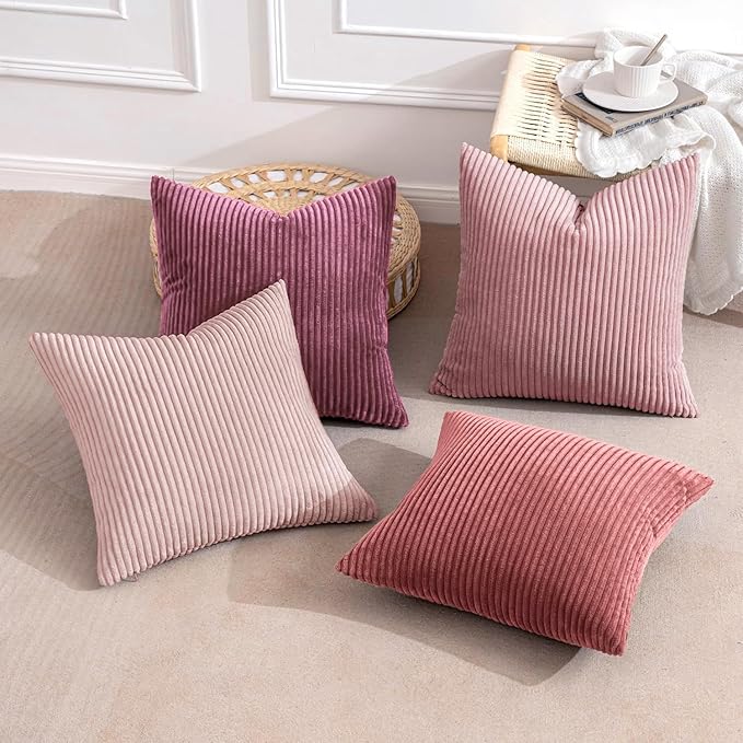 MIULEE Pack of 4 Purple Pink Valentines Corduroy Decorative Throw Pillow Covers 18x18 Inch Soft Boho Striped Pillow Covers Modern Farmhouse Spring Home Decor for Sofa Living Room Couch Bed
