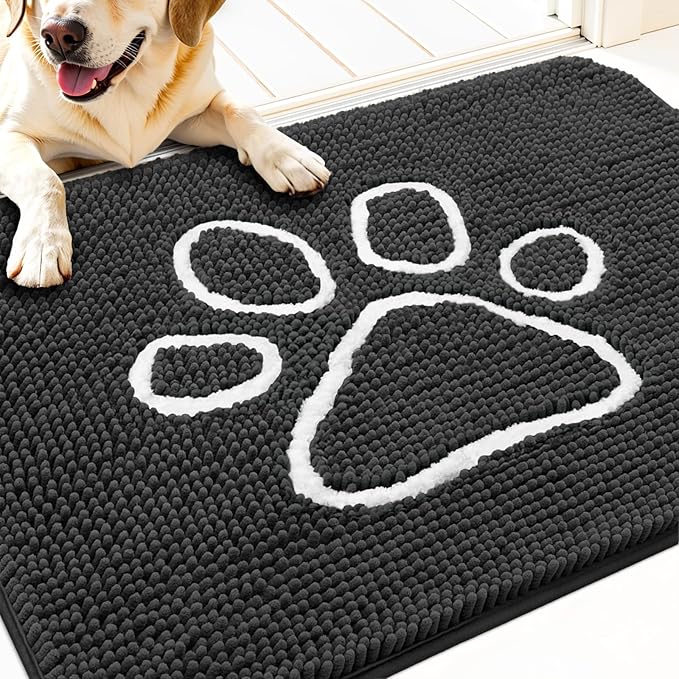 OLANLY Dog Door Mat for Muddy Paws 32x20, Paw Print Design, Absorbs Moisture and Dirt, Absorbent Non-Slip Washable Doormat, Quick Dry Chenille Mud Mat for Dogs, Entry Indoor Entryway Carpet, Dark Grey