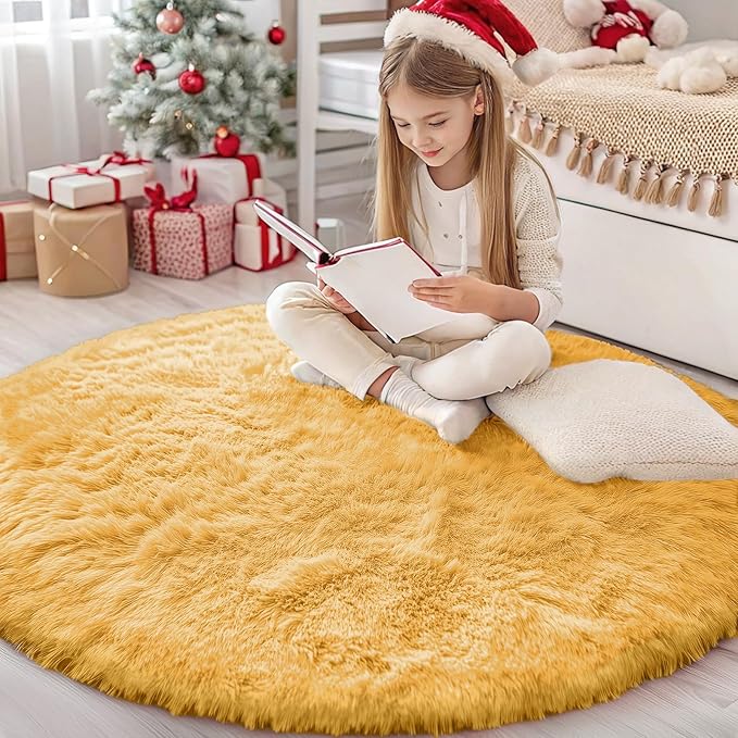 OLANLY Mustard Yellow Round Rugs for Bedroom - Machine Washable, 4 ft Circle Area Rugs for Living Room, Soft and Fluffy Shaggy Carpet for Teen Girl and Boys, Nursery Rooms, Dorms, Home Decor Aesthetic