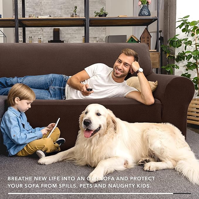 ZNSAYOTX Super Stretch Couch Cover (72"-92") Universal Sofa Covers with Elastic Bottom, Dog Cat Pets Friendly Washable Furniture Protector Fitted Sofa Slipcovers Stay in Place (Coffee, Sofa)