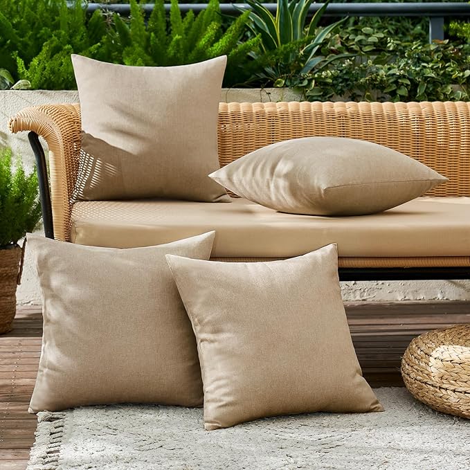 MIULEE Pack of 4 Decorative Outdoor Throw Pillow Covers Linen Waterproof Pillow Covers Farmhouse Cushion Cases for Patio Garden Tent Balcony Couch Sofa 16x16 inch Light Tan