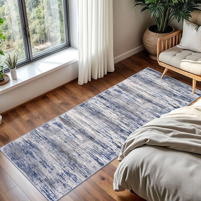 KOZYFLY Modern Abstract Washable Rug Runner 2x5 Hallway Rug Runner Non-Slip Soft Kitchen Runner Rugs, Grey-Blue Striped Carpet for Entryway Bathroom Laundry Room Foyer
