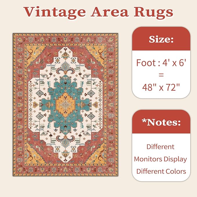 SERISSA Area Rug 4x6 Boho Rugs for Bedroom, Vintage Orange Washable Non Slip Rug, Ultra Soft Print Distressed Low-Pile Throw Rug Carpet for Nursery Dorm Kitchen Living Room Decor