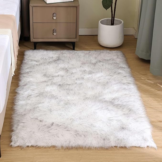 Goolela Fluffy Faux Sheepskin Fur Rug for Bedroom 3x5 White with Grey Tips Fuzzy Furry Bedside Plush Rug for Office Dorm Soft Shaggy Carpet Rectangle