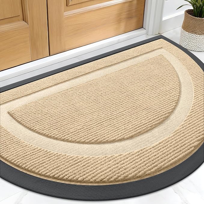 OLANLY Half Circle Door Mat Indoor Outdoor Entrance Welcome, Waterproof All-Season, All-Weather Doormat, Sturdy Natural Rubber, Low Profile, Easy Clean Patio Porch Entryway Mat, 29.5x17, Beige