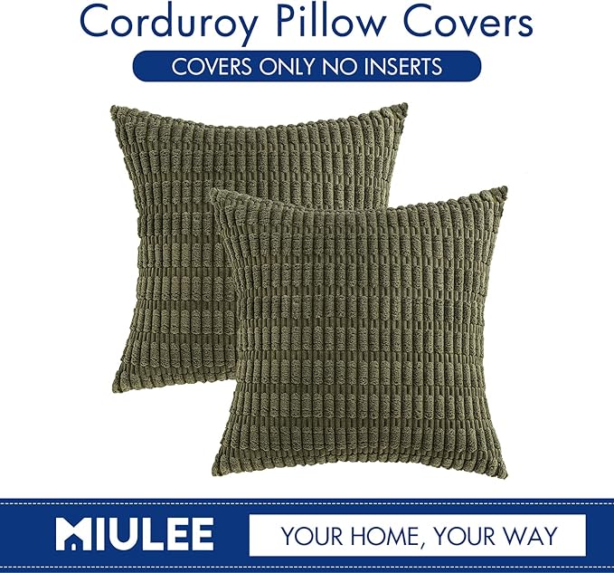 MIULEE Pack of 2 Spring Corduroy Decorative Throw Pillow Covers 20x20 Inch Soft Boho Striped Pillow Covers Modern Farmhouse Home Decor for Summer Sofa Living Room Couch Bed Olive Green