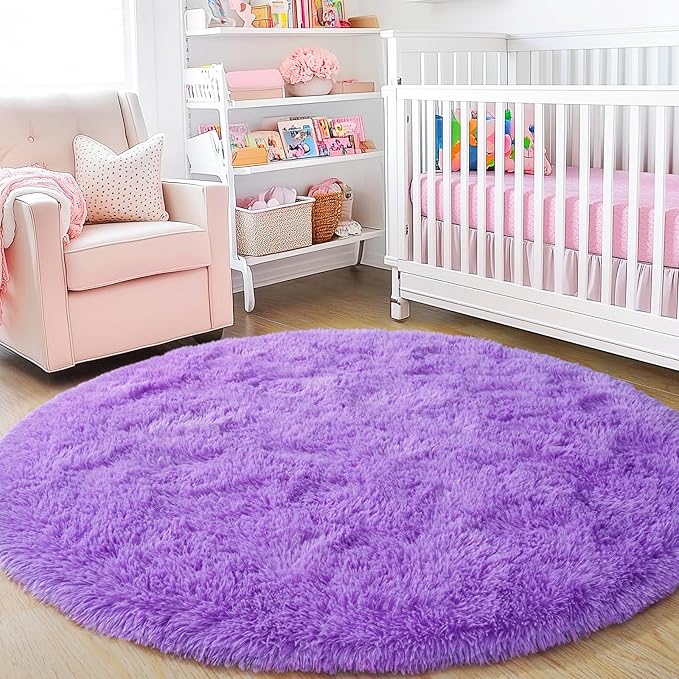 3'x3' Purple Round Rug for Bedroom, Ultra Soft Fluffy Circle Rug for Kids Girls Boys Room, Cute Small Shag Rugs for Living Room Playroom Teen Room Home Decor Rug
