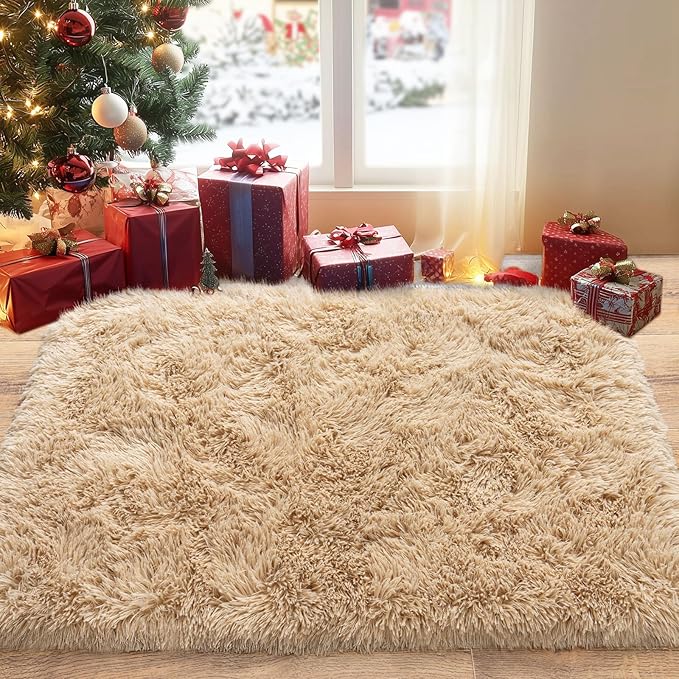 Pionblank Fluffy Small Rug for Bedroom 2x3 Feet, Shag Soft Area Rug, Modern Plush Carpet, Furry Cute Bedside Rug for Kids Girls Boys Room Nursery Decor, Camel