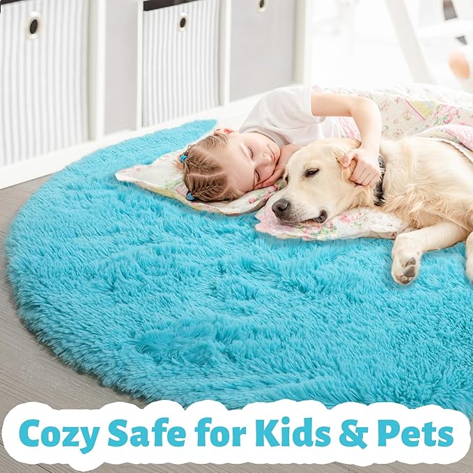 Amdrebio Blue Soft Round Rugs 4Ft for Kids Bedroom, Fluffy Circle Area Rugs for Teen Girls Boys, Cute Play Room Decor Aesthetic, Plush Shaggy Fuzzy Carpet for Nursery Classroom Preppy Dorm Playroom
