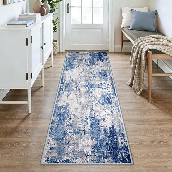 Washable Area Rugs 3x8 Non-Slip Modern Abstract Soft for Living Room Entryway Bedroom Nursery, Print Pattern, Blue Grey Navy Gray