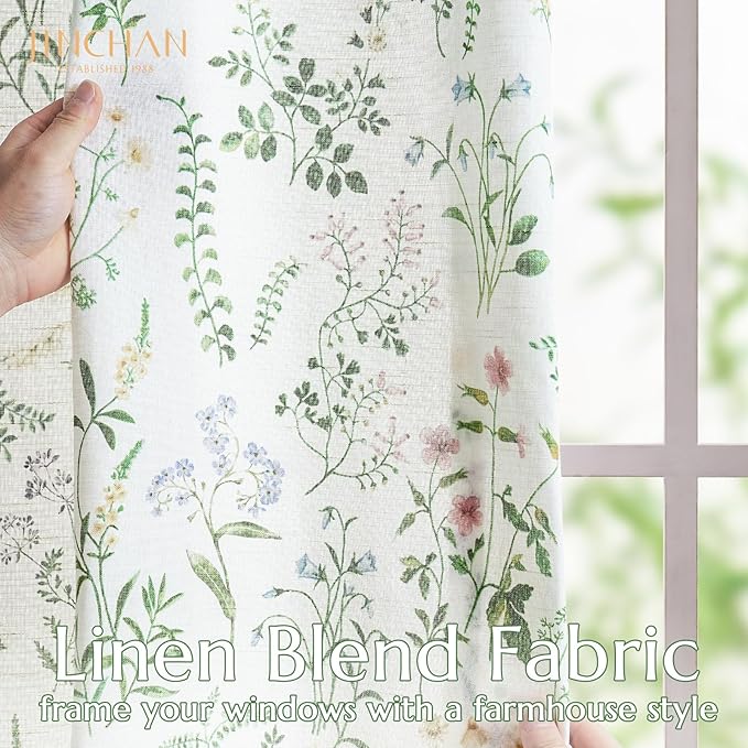 jinchan Floral Linen Blend Curtains for Living Room 84 Inch Length French Country Farmhouse Printed Curtains Sage Green on White Rod Pocket Back Tab Light Filtering Window Drapes 2 Panels