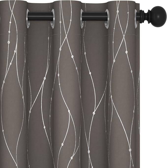 Deconovo Blackout Curtains, Thermal Insulated Soundproof Grommet Drapes, Wave Dots Silver Print, 42 x 45 Inch, Set of 2, Machine Washable Window Panel for Kitchen Bedroom Living Room Nursery, Taupe