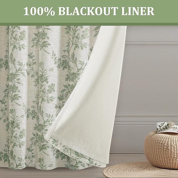 Floral Blackout Sage Green Curtains 90 Inch Length 2 Panels Set, Linen Texture Farmhouse Curtains for Living Room Bedroom