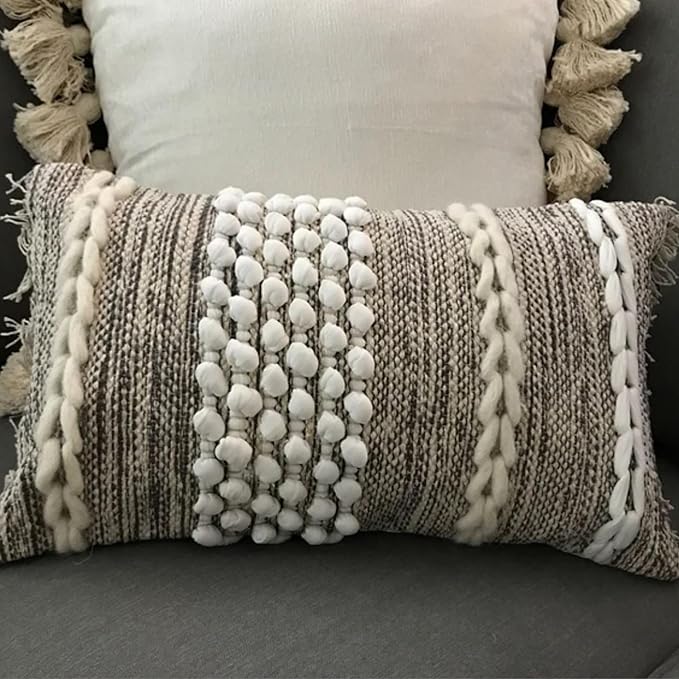 Decorative Boho-Chic Lumbar Pillow Cover 12x20 Premium Handwoven Tufted Cotton &Wool Accent Pillows, Earthy Color Throw Cushion, Farmhouse & Bohemian Home Decor (Limited Edition Cover Only)