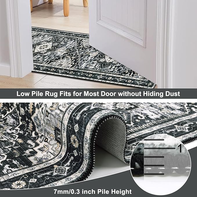 Yamaziot Washable Runner Rug, 2x8 Non-Slip Boho Vintage Hallway Rug Runner with Rubber Backing, Stain Resistant & Low Pile Distressed Carpet Runner for Bedroom, Kitchen, Laundry, Entrance, Black
