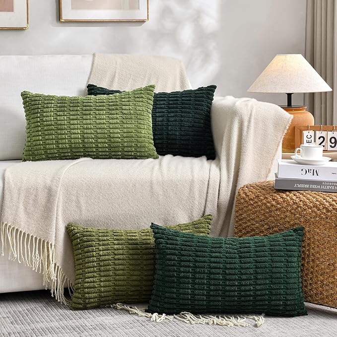Fancy Homi Set of 4 Green Lumbar Rectangle Decorative Throw Pillow Covers 12x24 Inch for Couch Bed Chair, Aesthetic Boho Room Decor, Soft Fuzzy Thick Corduroy Textured Cushion Case 30x60cm