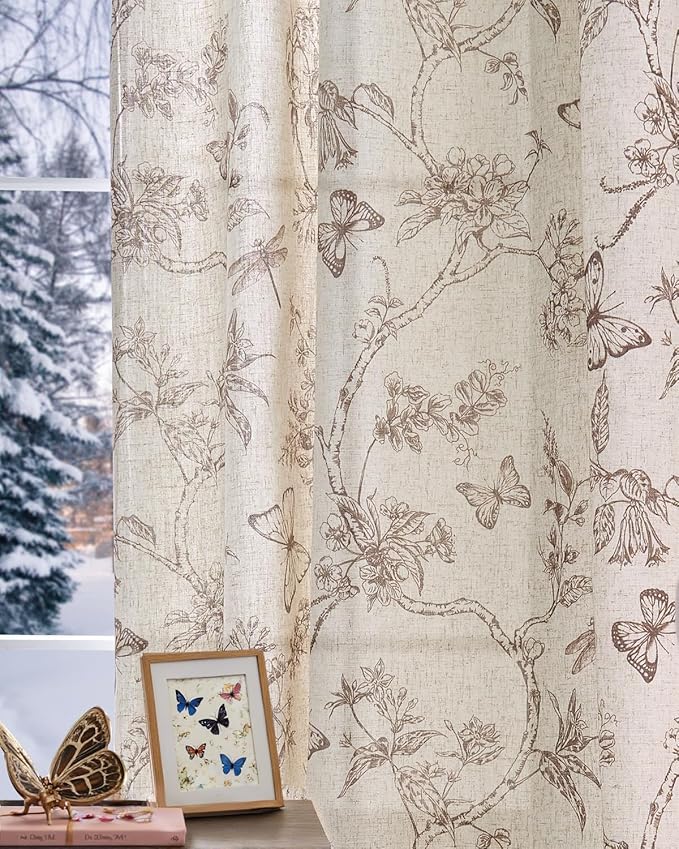 jinchan Floral Linen Curtains for Living Room 84 Inch Length Butterfly Curtain Taupe Floral Curtains French Country Farmhouse Curtain Flower Patterned Drapes Window Treatment Set 2 Panels