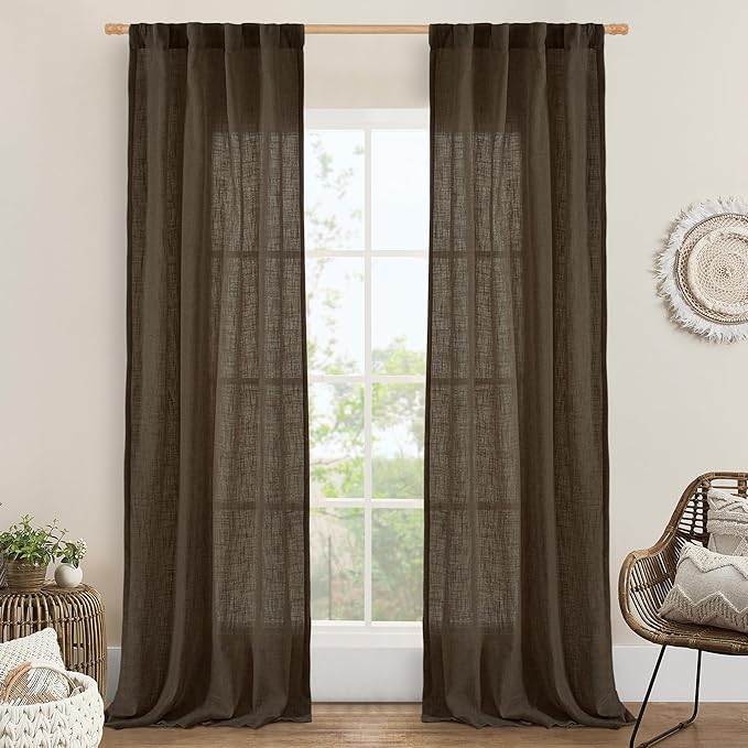 LAMIT Dark Brown Linen Boho Curtains 84 inch Length 2 Panels, Light Filtering Semi Sheer Panels Back Tab and Rod Pocket Neutral Drapes for Bedroom/Living Room, 34 x 84 Inch