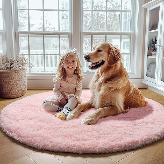 ONASAR Light Pink Round Area Rugs 5ft for Bedroom Living Room, Fluffy Circle Rug for Kids Girls Boys Teen, Soft Plush Shaggy Carpet for Nursery Dorm Classroom Playroom Home Decor Aesthetic