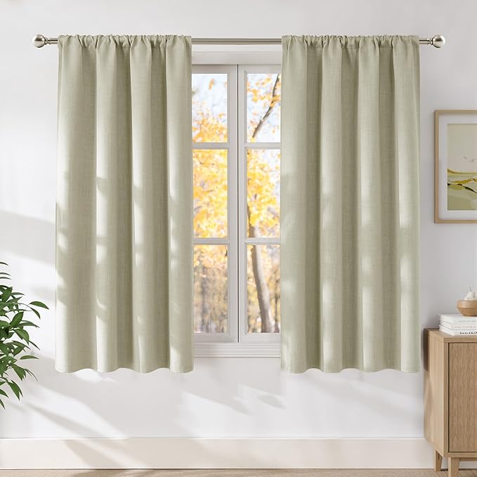 NICETOWN Beige Faux Linen Room Darkening Rod Pocket Curtains 63 inch Length, W42 x L63, Light Blocking Thermal Insulated Noise Reducing Drapes for Bedroom Living Room Farmhouse Decor, 2 Panels