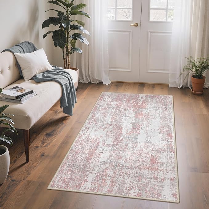 Area Rugs 3x5 for Living Room Bedroom, Modern Abstract Machine Washable Rug, Soft Low Pile Floor Carpet with Non Slip Backing for Entryway, Pink/Grey