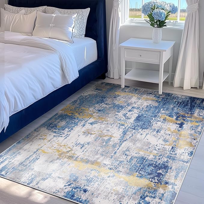 Washable Area Rugs 4'x6' Non-Slip Modern Abstract Soft for Living Room Entryway Bedroom Nursery, Print Pattern, Grey Blue Gold/Golden
