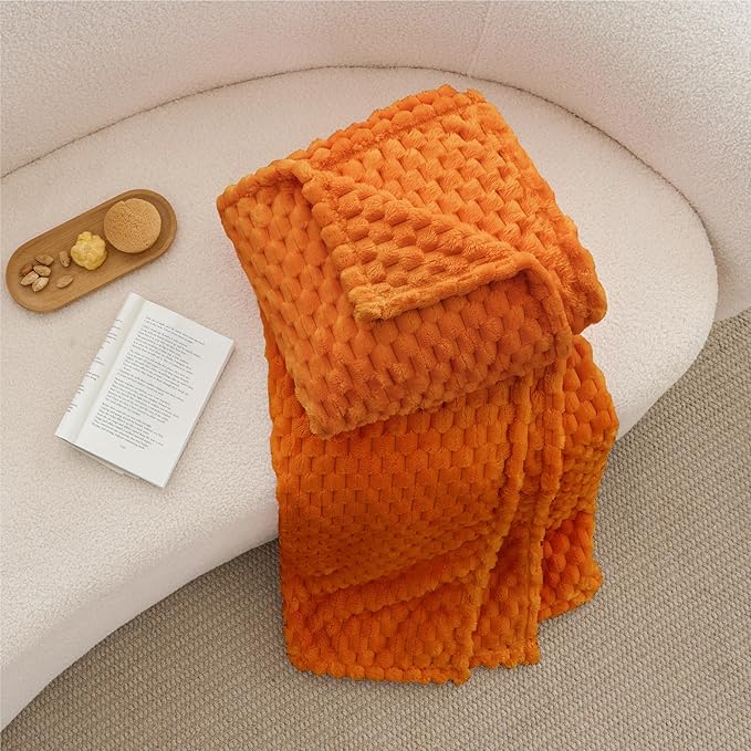 BEDELITE Fleece Blanket Twin Size for Bed Couch, 3D Jacquard Decorative Orange Fall Throw, Soft and Cozy Warm Plush Fuzzy Blanket, 60x80Inches