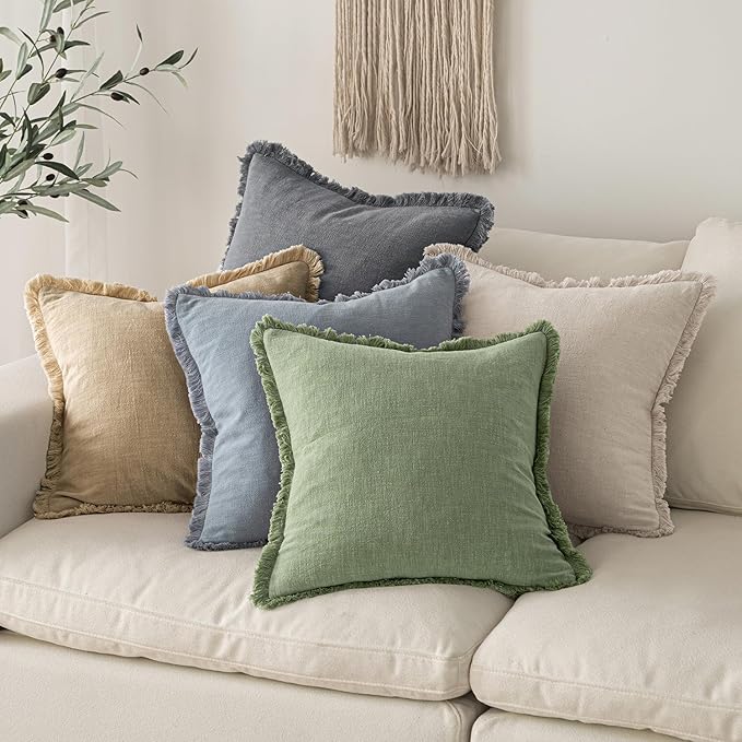 MIULEE Decorative Throw Pillow Covers Neutral Linen Fringe Throw Pillows Euro Shams Set of 2 Sage Green Boho Farmhouse Cushion Covers for Couch Sofa Bed Living Room Spring Home Decor 24x24 Inch
