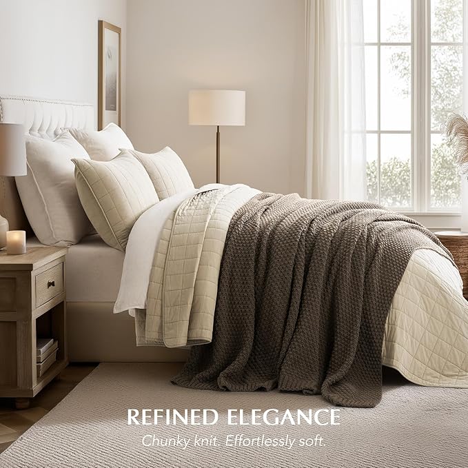 EVERGRACEHOME Chunky Chenille Knit Throw Blanket for Couch, Soft Luxurious Oversized Queen Moss Stitch Blanket for Bed, Cozy Farmhouse Knitted Throw for Sofa, Mocha Brown, 90" x 90"