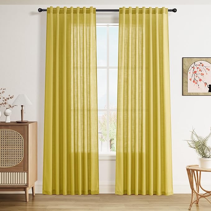 Nanspring Celery Yellow Linen Curtains 84 Inch Length 2 Panels Set for Living Room Back Tab Light Filtering Semi Sheer Curtain for Bedroom Farmhouse Drapes, 52x84 Inch, 2 Panels