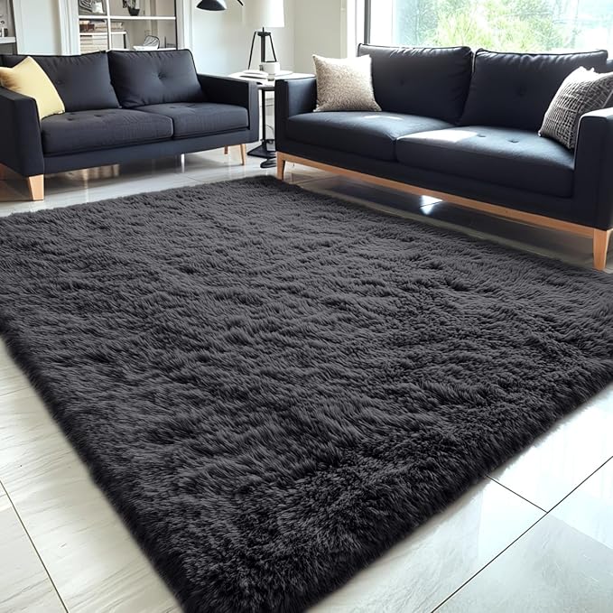 OLANLY 5x10 Machine Washable Large Area Rugs for Living Room, Bedroom, Soft Fluffy Shaggy Bedside Rug, Indoor Floor Carpet for Kids Girls and Boys, Dorms, Nursery, Home Decor Aesthetic, Black