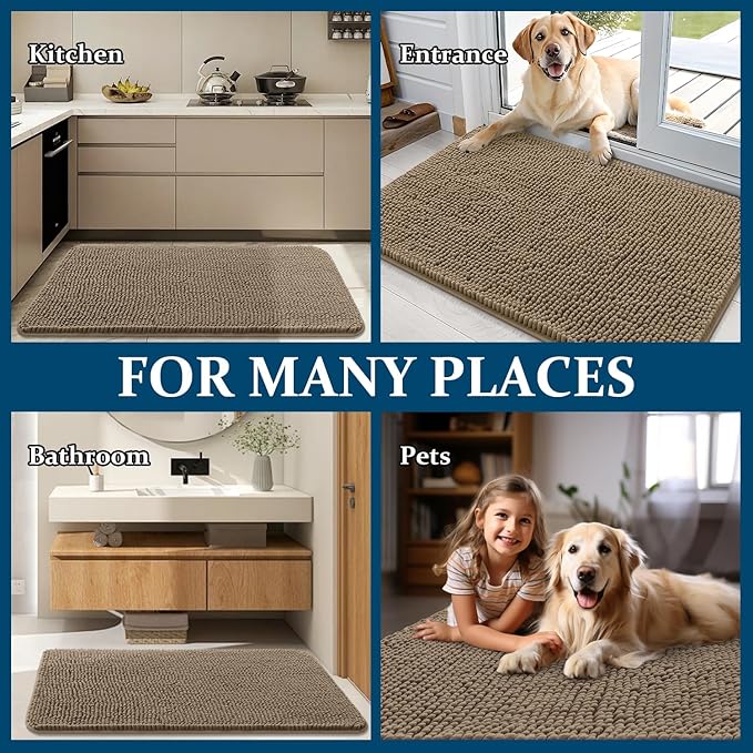 OLANLY Dog Door Mat for Muddy Paws 45x27, Absorbs Moisture and Dirt, Absorbent Non-Slip Washable Doormat, Quick Dry Chenille Mud Mat for Dogs, Entry Indoor Entryway Carpet for Inside Floor, Tan