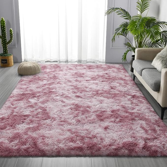 Deerhoo Large Shag Area Rugs 6 x 9, Tie-Dyed Plush Fuzzy Rugs for Living Room, Ultra Soft Fluffy Furry Rug for Bedroom, Indoor Carpet Nursery Rugs for Kids Room Home Decor, Pink Purple