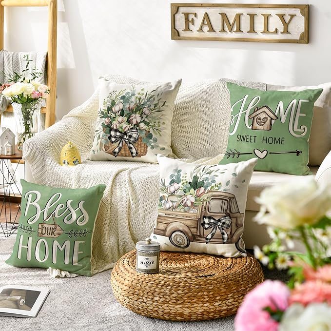 AVOIN colorlife Bless Our Home Farmhouse Eucalyptus Leaves Throw Pillow Covers, 18 x 18 Inch Truck Home Sweet Cushion Case Decorations Set of 4
