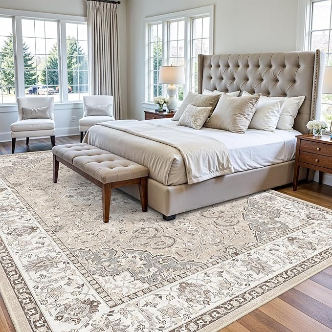 Washable Large 9x12 Area Rug - Living Room Oriental Non Slip Soft Rugs Indoor Low Pile Stain Resistant Carpet for Bedroom Dining Room Farmhouse Distressed Thin Home Decor Floor Mat (9x12 Beige)