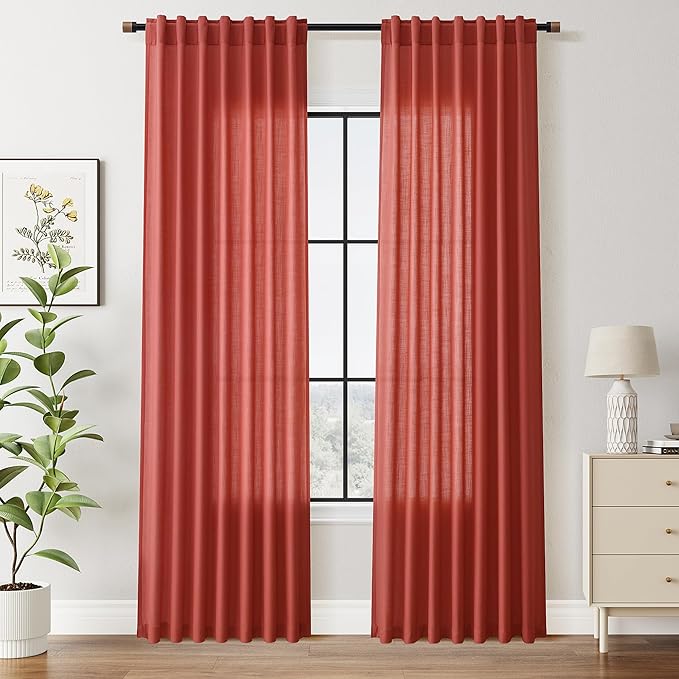 Nanspring Christmas Red Linen Curtains 84 Inch Length 2 Panels Set for Living Room Light Filtering Semi Sheer Curtain Back Tab Vintage Rustic Luxury Home Decor Neutral Drapes for Bedroom Office 52x84