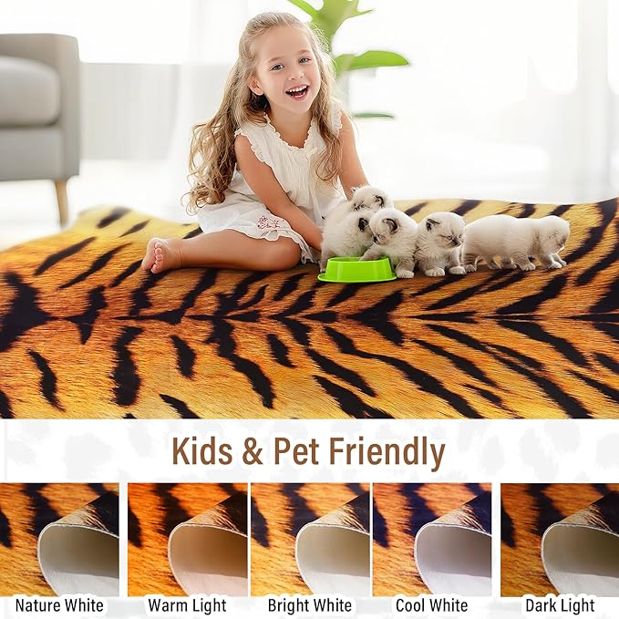 AROGAN Premium Tiger Print Rug 4.6x5.2 Feet, Machine Washable Faux Fur Rug, Non-Slip Animal Print Hide Tiger Skin Area Rug for Bedroom Living Room Home Decor