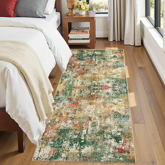 Washable Area Rugs 2'x6' Non-Slip Modern Abstract Soft for Living Room Entryway Bedroom Nursery, Print Pattern, Green Orange Rust Red Cream Colorful