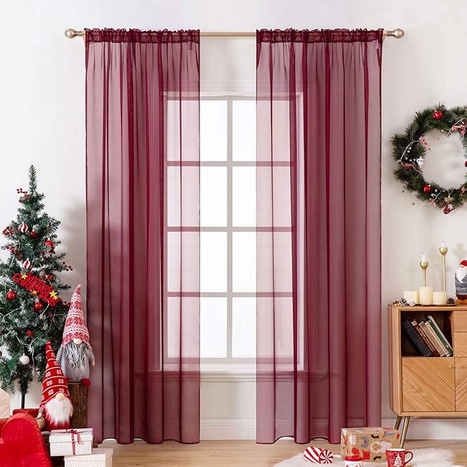 MIULEE 2 Panels Solid Color Sheer Christmas Window Curtains Elegant Window Voile Panels/Drapes/Treatment for Bedroom Living Room(54X72 Inches Wine Red)