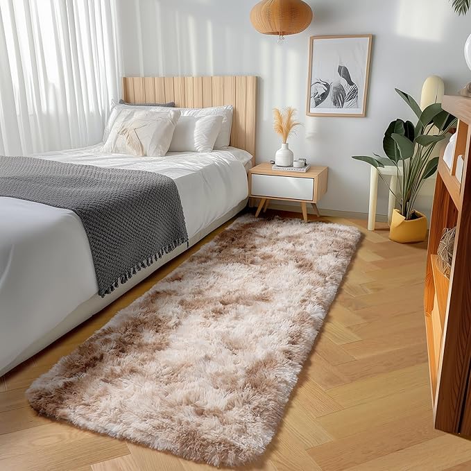 ONASAR Runner Rugs for Bedroom Living Room, Tie-Dyed Beige 2x6 Bedside Hallway Fluffy Area Rug, Ultra Soft Plush Furry Faux Fur Non Slip Floor Carpet for Nursery Kids Dorm Closet Home Decor